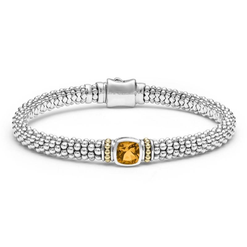 Lagos Sterlilng Silver & 18K Yellow Gold Caviar Citrine 6X6 Cushion 6mm Rope Bracelet Size 7