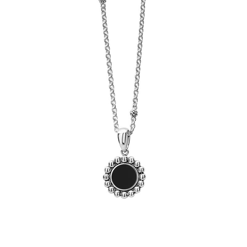 Lagos Sterling Silver & Maya Onyx Inlay 16mm Circle Pendant with Small Link Chain Caviar Balls Size Adj 16-18
