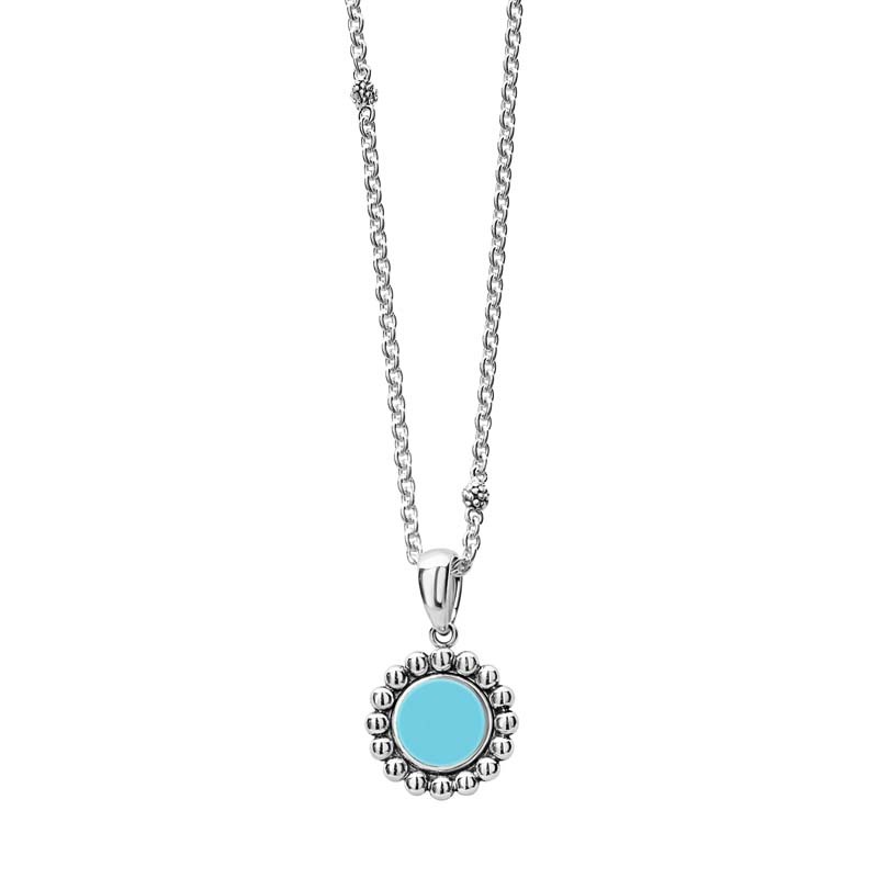 Lagos S/S Maya Blue Ceramic  16MM Circle Pendant on Small  Link Chain Caviar Balls