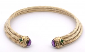 Estate David Yurman 14k Yellow Gold Cable Collar Necklace with Amethyst and Tsavorite