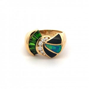 Estate 18K Yellow Gold Tsavorite, Opal and Diamond Ring