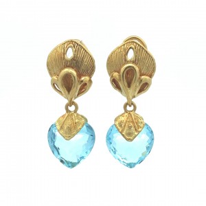 Estate 18k Yellow Gold Dangling Blue Topaz Drop Earrings