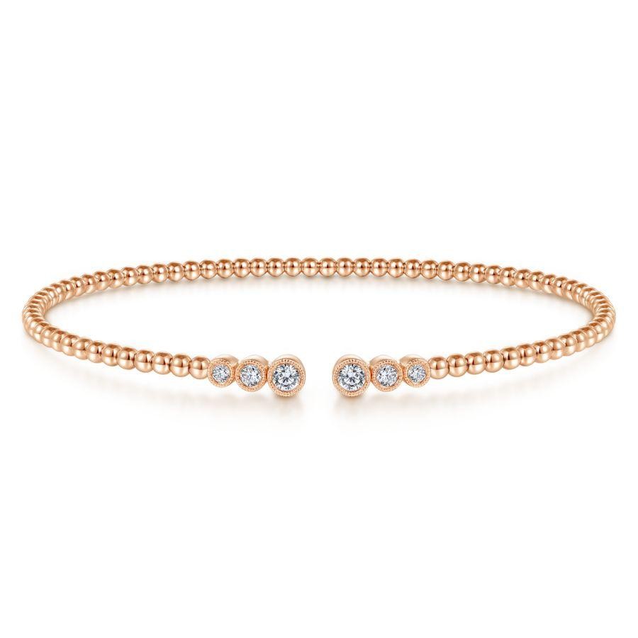 Gabriel & Co. 14K Rose Gold Bujukan Bezel Set Diamonds Bead Split Cuff Bracelet