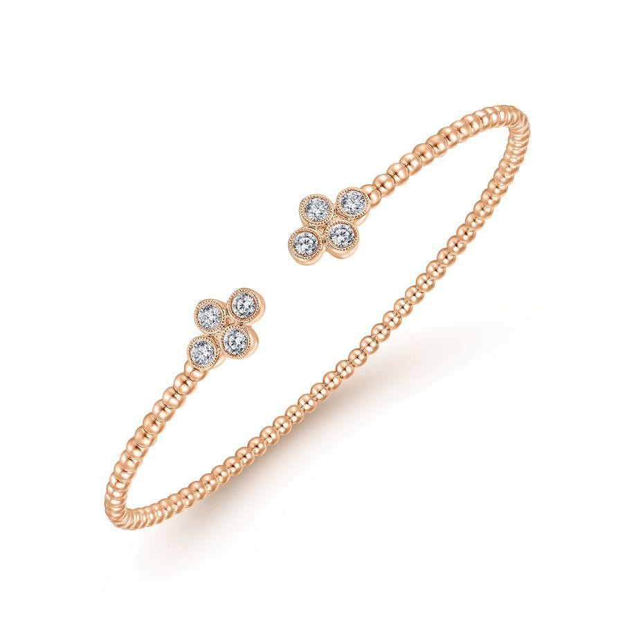 Gabriel & Co. 14K Rose Gold Bujukan Quatrefoil Diamond Endcaps Bead Split Cuff Bracelet