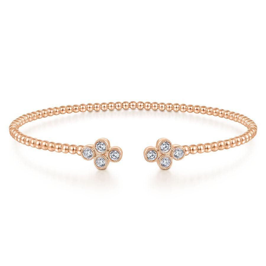 Gabriel & Co. 14K Rose Gold Bujukan Quatrefoil Diamond Endcaps Bead Split Cuff Bracelet