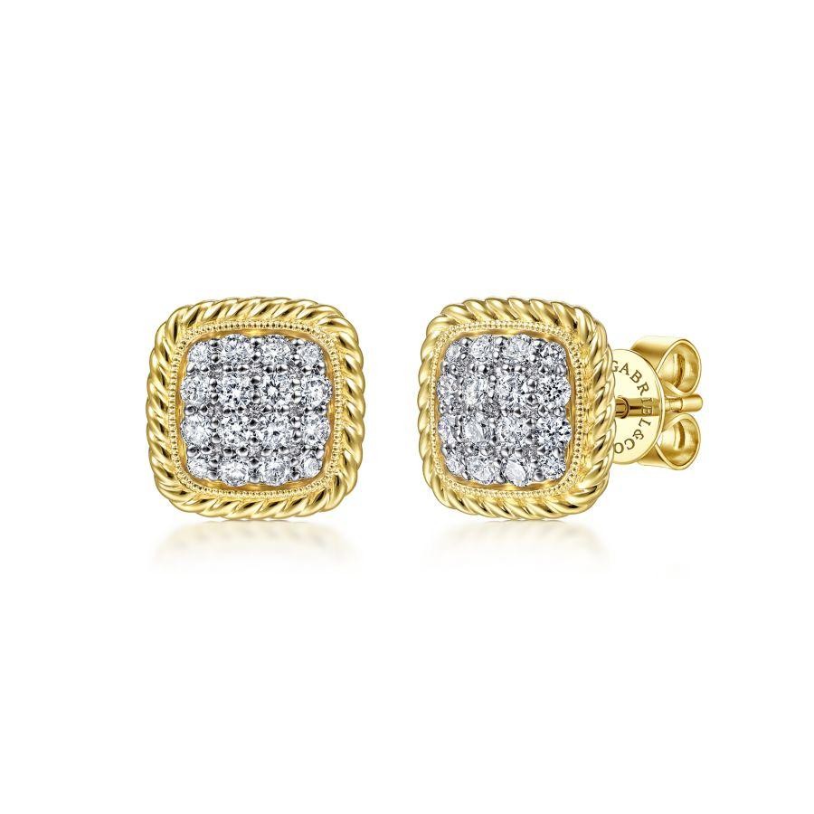 Gabriel & Co. 14K Yellow Gold Hampton Cushion Shape Pavé Diamond Stud Earrings