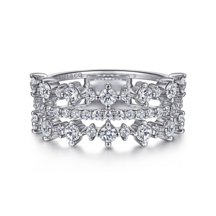 Gabriel & Co 14K White Gold Three Row Ring with 47 Round Diamonds 1.10 Tcw G-H SI2  Size 6.5