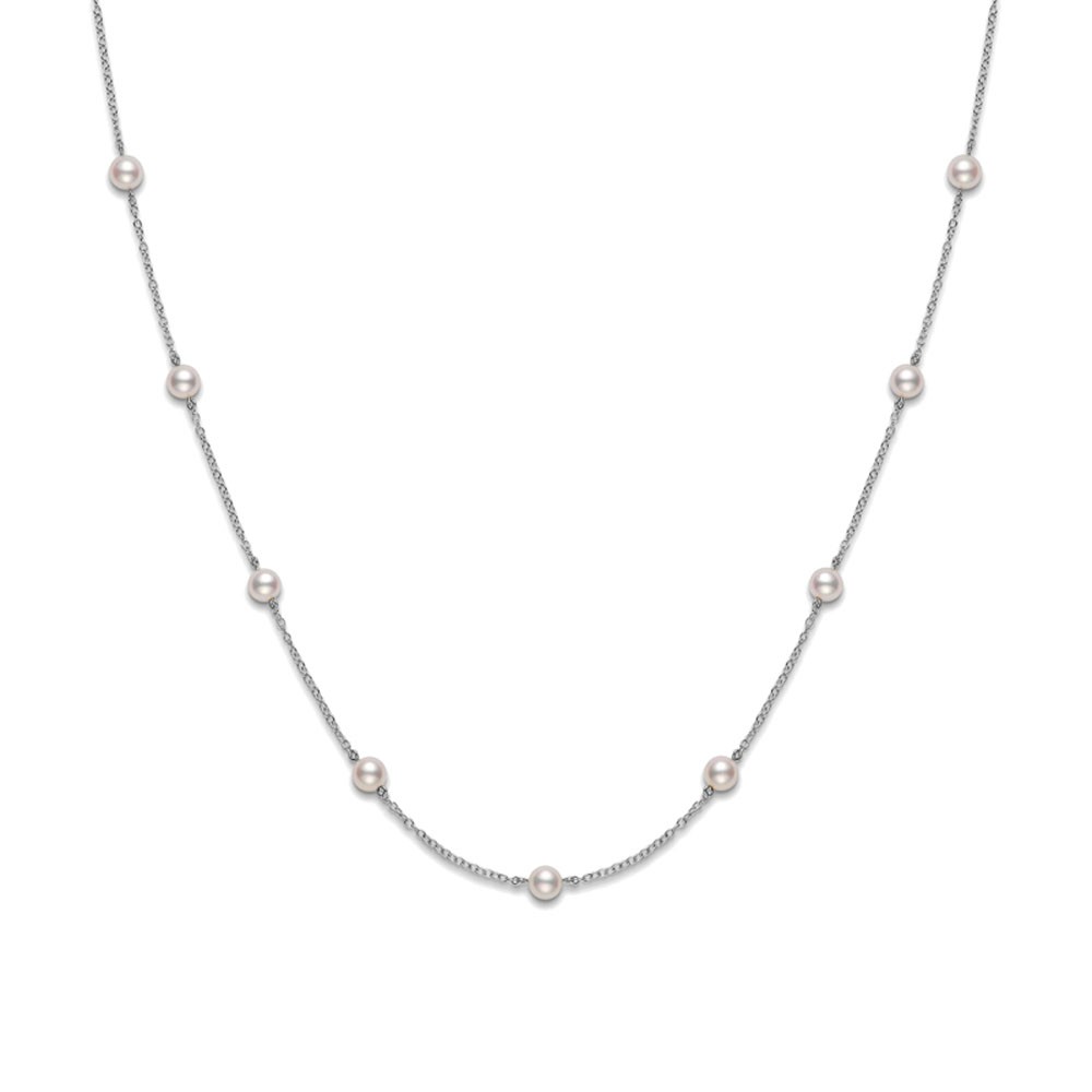 Mikimoto 18K White Gold Chain Pearl Necklace with 11 Round Akoya Cultured Pearls 5.5mm A+