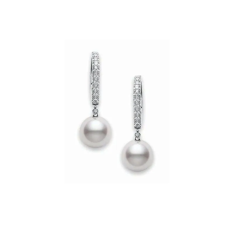 Mikimoto 18K White Gold Earrings with 2 Round Akoya Cultured Pearls 7.5mm & 20 Round Diamonds 0.08 Tcw F-G VS