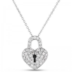 Roberto Coin 18K White Gold Heart Lock Necklace with Round Diamonds 0.25 Tcw G-H SI