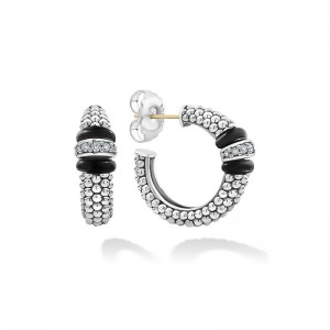 Lagos Sterling Silver & Black Caviar Black Ceramic 25MM Hoop Earrings with 1 Diamond Link