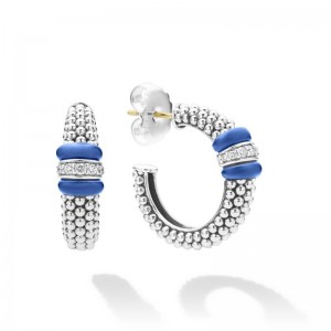 Lagos Sterling Silver & Marine Blue Caviar Ceramic 23mm Hoop Earrins with 1 Diamond Stations