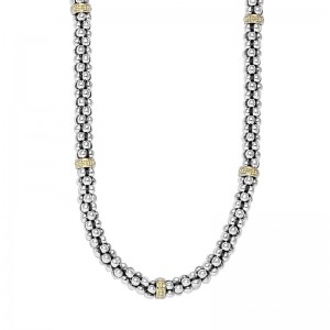 Lagos Sterling Silver & 18K Yellow Gold Signature Caviar 9 Station 5mm Rope Necklace
