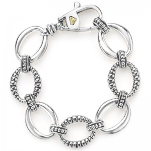Lagos Sterling Silver & 18K Yellow Gold Links Silver Smooth & Flued Link Bracelet - Size M