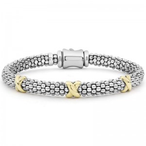 Lagos 18K Yellow Gold and Sterling Silver Signature Caviar 6mm Three Station X Caviar Bracelet