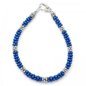 Lagos Sterling Silver & 18K Yellow Gold Marine Blue Caviar Ceramic 3/7 Stations 5mm Rope Bracelet  Size 7