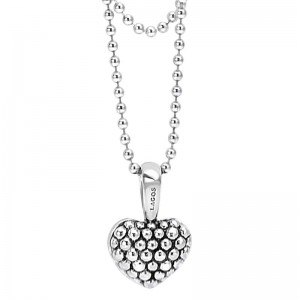 Lagos Sterling Silver Signature Caviar Beaded Caviar 25x17mm Heart Pendant 2.5mm Necklace