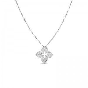 Roberto Coin18K White Gold Petite Venetian Necklace Xs with 4 Round Diamonds 0.02 Tcw G-H SI