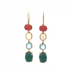 Estate 18K YG Earrings, Ippolitta, 8 Multi-Color, Multi-Shape Semi-Precious Stones, 9.8 Gr. Fish-Hook Backs