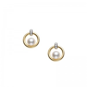 Mikimoto 18K Yellow & White Gold Earrings with 2 Round Akoya Pearls A+ 5.5mm & 6 Round Diamonds .02 Tcw F-G VS