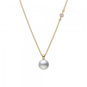 Mikimoto 18K Yellow Gold Necklace with 1 Round Akoya Pearl A+ 7mm & 1 Round Diamond 0.02 Cts F-G VS 18