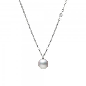 Mikimoto 18K White Gold Necklace with 1 Round Akoya Pearl A+ 7mm & 1 Round Diamond 0.02 Cts F-G VS 16