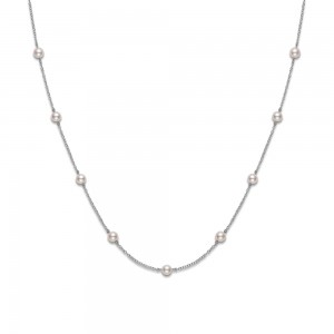 Mikimoto 18K White Gold Chain Pearl Necklace with 11 Round Akoya Cultured Pearls 5.5mm A+