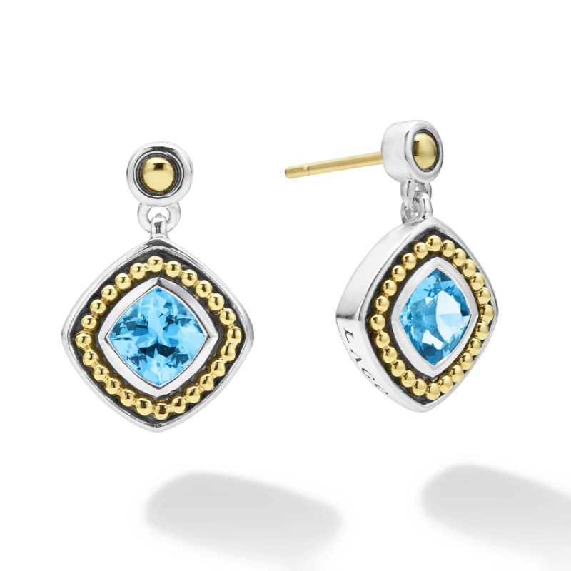Lagos Sterling Silver & 18K Yellow Gold Caviar Blue Topaz 6X6 Cushion Post with Drop Earrings