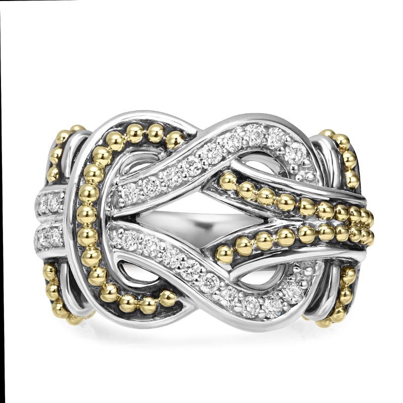 Lagos Sterling Silver & 18K Yellow Gold Newport Large Band Ring with 24 Round Diamonds G-H SI Size 7