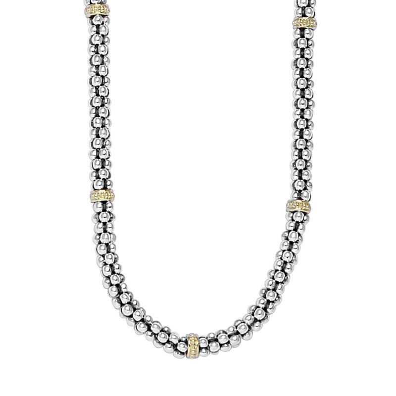 Lagos Sterling Silver & 18K Yellow Gold Signature Caviar 9 Station 5mm Rope Necklace