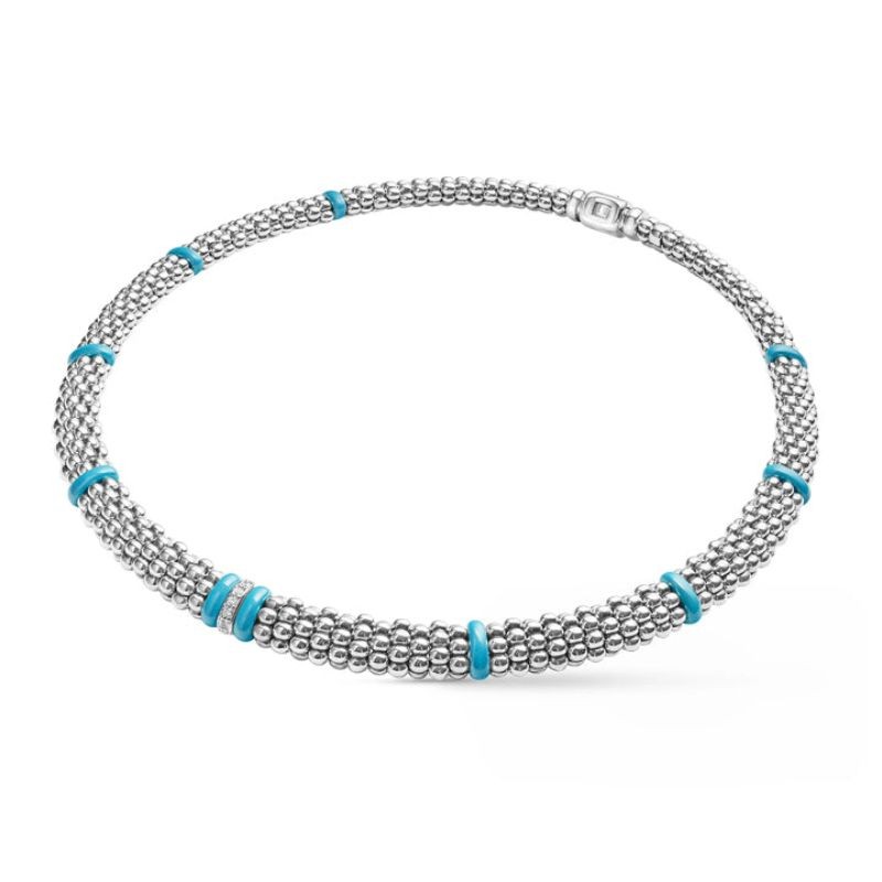 Lagos Sterling Silver and Ceramic Blue Caviar Diamond Caviar 9mm Necklace
