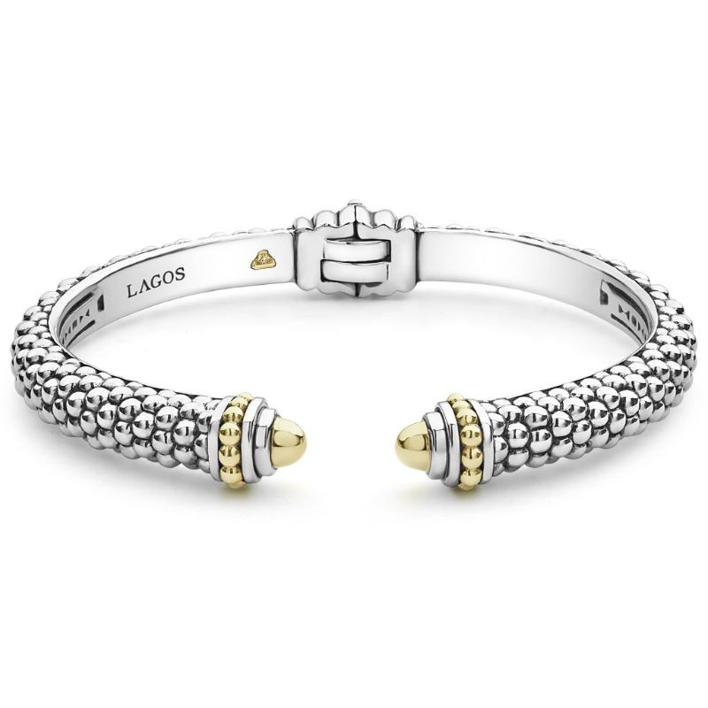 Lagos Sterling SIlver & 18K Yellow Gold Signature Caviar 8mm Smooth Cap Hinge Cuff Bracelet Size M