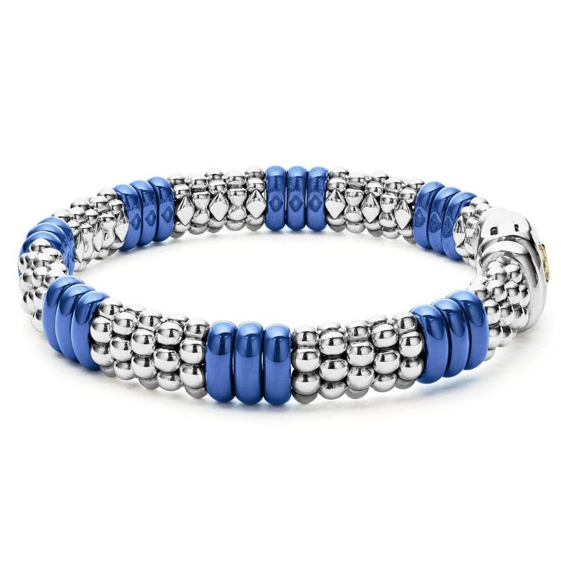 Lagos Sterling Silver & 18K Yellow Gold Blue Caviar Ceramic 7/3 Stations 9mm Rope Bracelet  Size 7