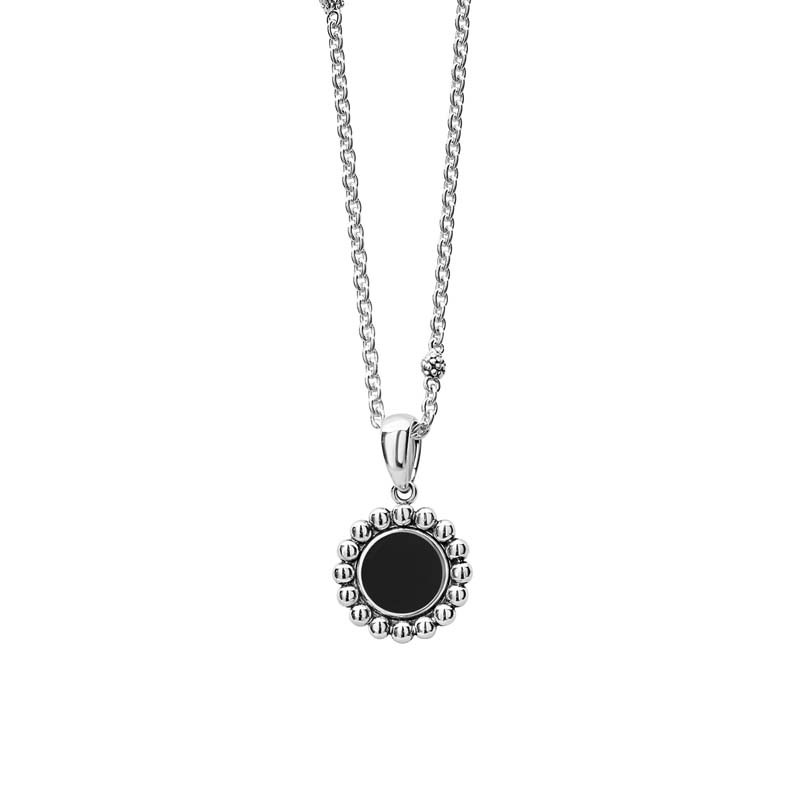 Lagos Sterling Silver & Maya Onyx Inlay 16mm Circle Pendant with Small Link Chain Caviar Balls Size Adj 16-18