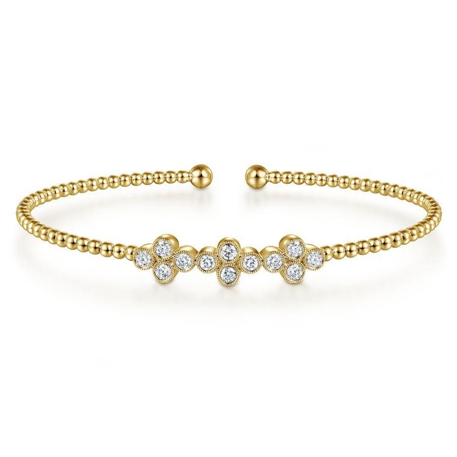 Gabriel & Co. 14K Yellow Gold Bujukan Quatrefoil Diamond Stations Bead Cuff Bracelet