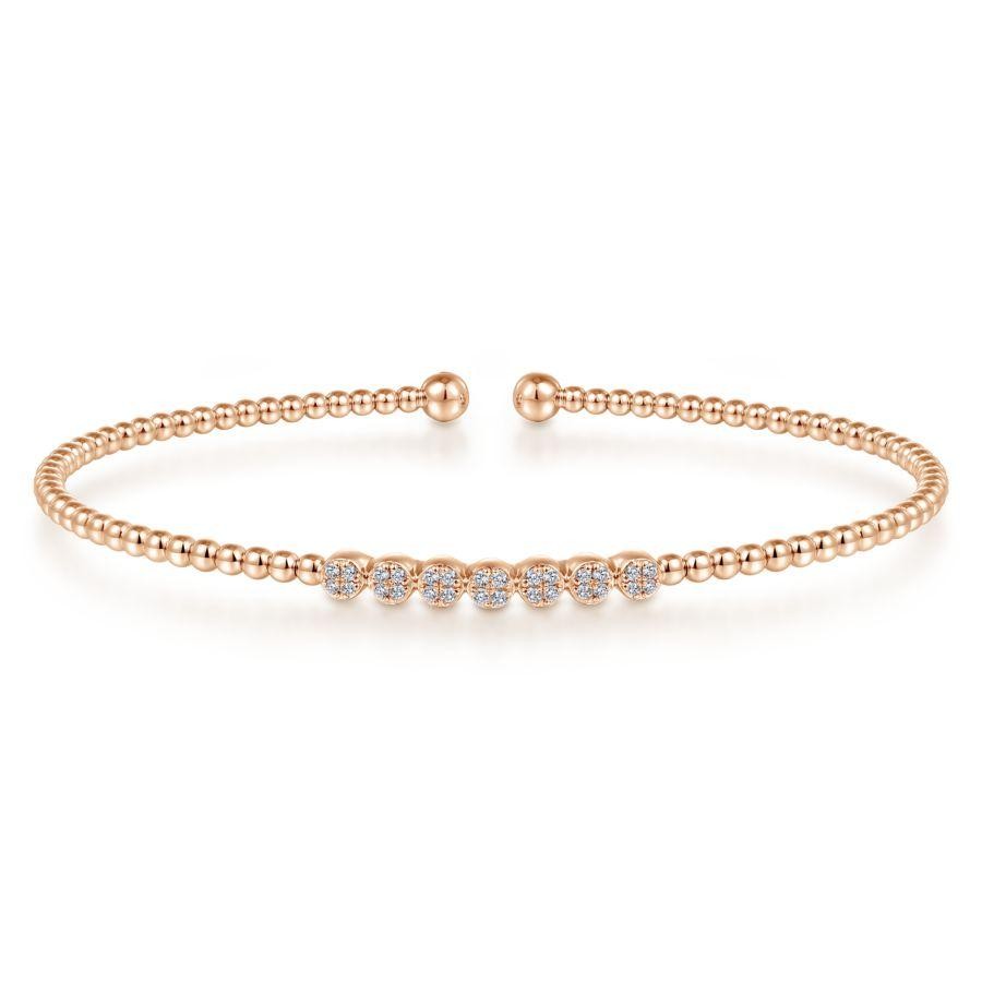 Gabriel & Co. 14K Rose Gold Bujukan Bead Cuff Bracelet With Cluster Diamond Stations 28 Round Diamonds 0.13 Tcw H-I SI2
