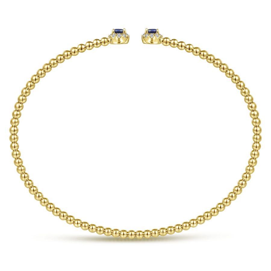 Gabriel & Co. 14K Yellow Gold Bujukan Bead Split Cuff Bracelet with 2 Sapphires 0.24CTW and Round Diamonds 0.13CTW I-J SI2
