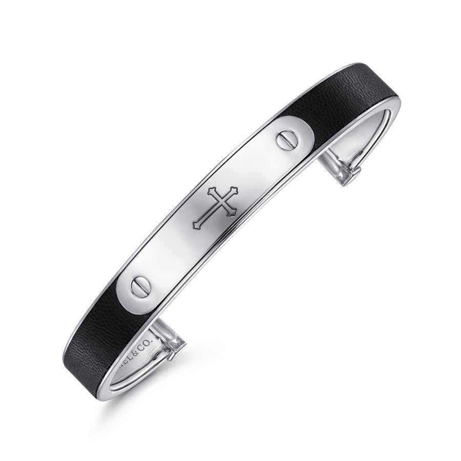 Gabriel & co Sterling Silver & Leather Open Cross ID Bracelet   Size 7.25