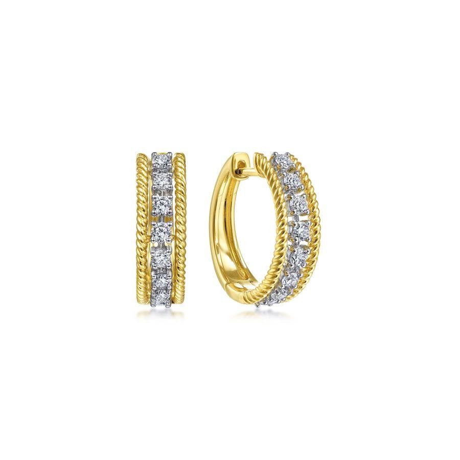 Gabriel & Co. 14K Yellow & White Gold Twisted 15mm Huggies with 16 Round Diamonds 0.41 Tcw H-I SI2