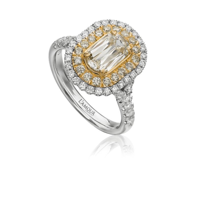 Christopher Design 18K White & Yellow Engagement Ring with 1 L'Amour Criss Cut Very Light Yellow Center Diamond .42 Cts VS 7 Round Yellow Diamonds .24 Tcw & Round Diamonds 0.41 Tcw G SI