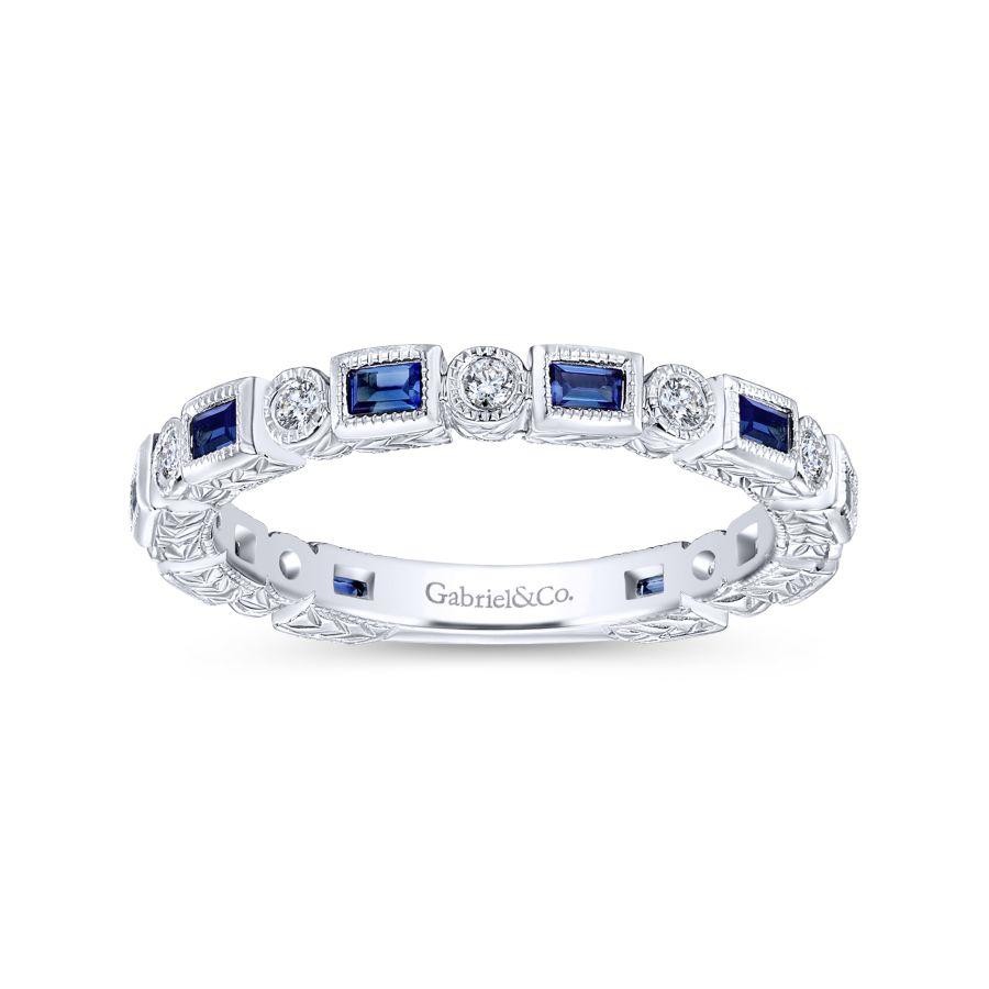 Gabriel & Co. 14K White Gold Stackable Sapphire Baguette and Diamond Round Eternity Ring