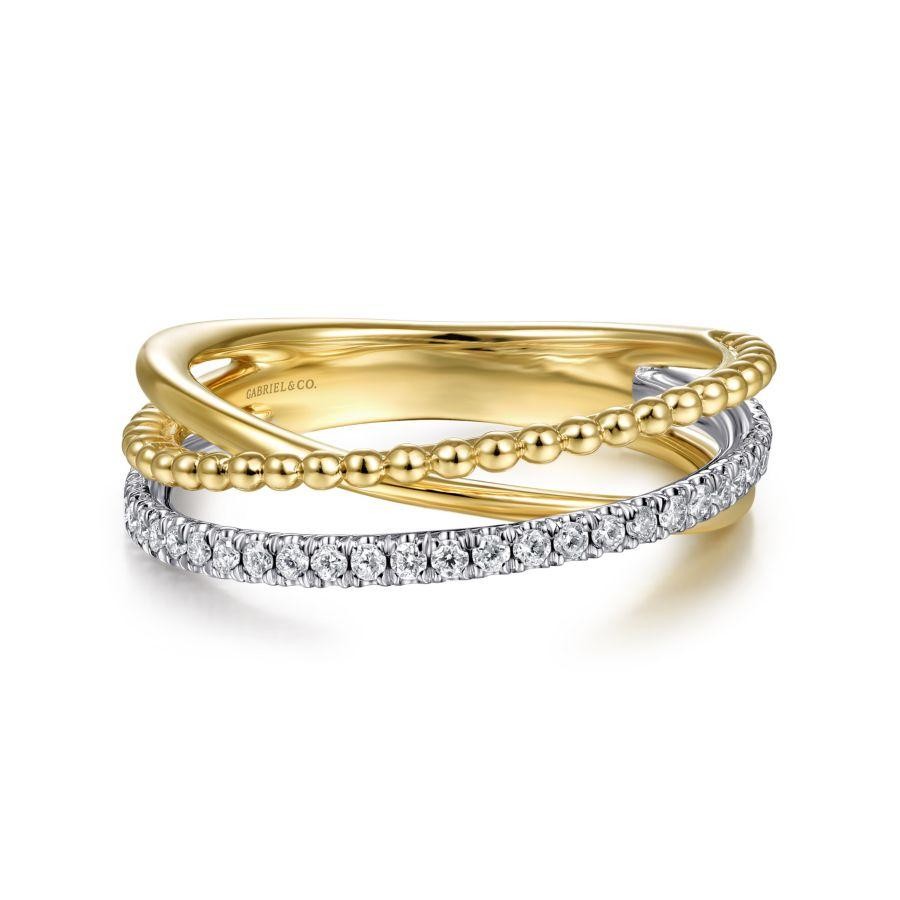 Gabriel & Co. 14K White & Yellow Gold Bujukan Ball and Diamond Criss Cross Ring with 33 Round Diamonds 0.19 Tcw H-I SI2
