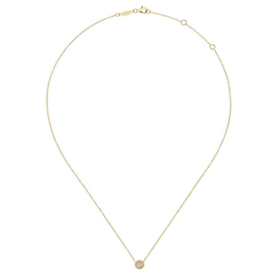 Gabriel 14K Yellow Gold Bujukan Beaded Round Bezel Set Diamond Necklace with 1 Round Diamond .08 Cts H-I SI2