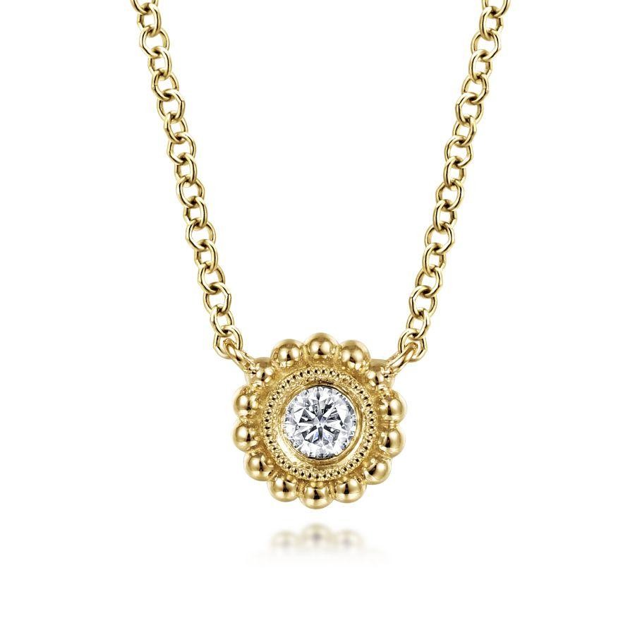 Gabriel 14K Yellow Gold Bujukan Beaded Round Bezel Set Diamond Necklace with 1 Round Diamond .08 Cts H-I SI2