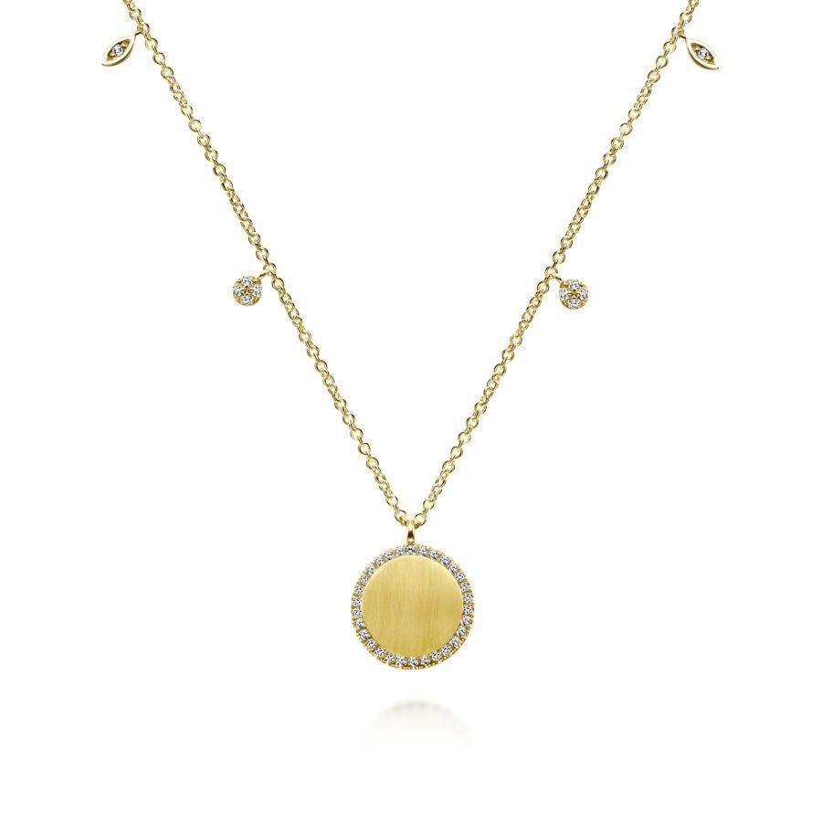 Gabriel & Co. 14K Yellow Gold Engravable Diamond Pendant Necklace with 40 Round Diamonds 0.15CTW H-I SI2