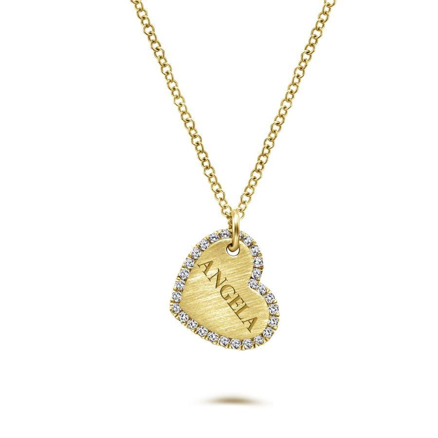 Gabriel & Co. 14K Yellow Gold Contemporary Sideways Engraved Diamond Frame Heart Pendant Necklace