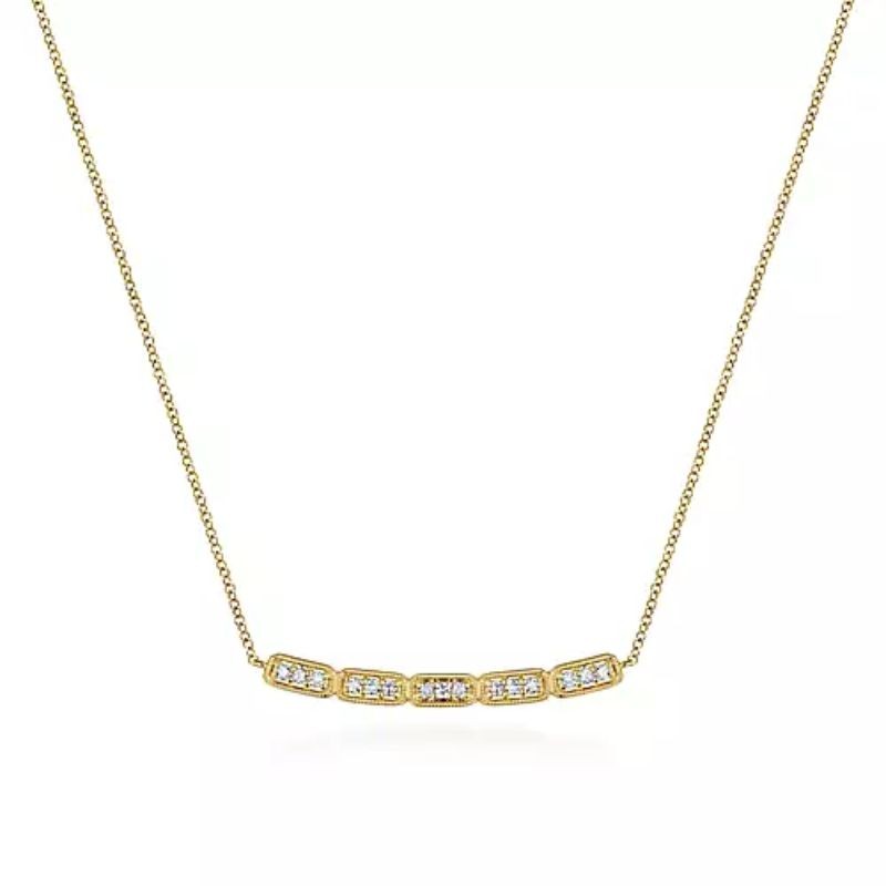 Gabriel & Co 14K Yellow Gold Bujukan Tassel Rectangular Station Bar Necklace with Round Diamonds 0.144 Tcw H-I SI2