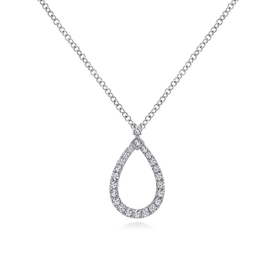 Gabriel & Co. 14K White Gold Lusso Teardrop Diamond Necklace with Round 23 Diamonds 0.18 Cts H-I SI2