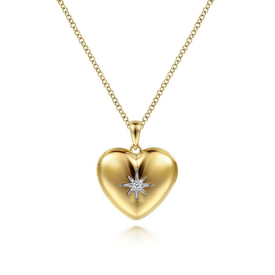Gabriel & Co. 14K Yellow Gold Treasure Chests Puff Heart Diamond Star Pendant Necklace