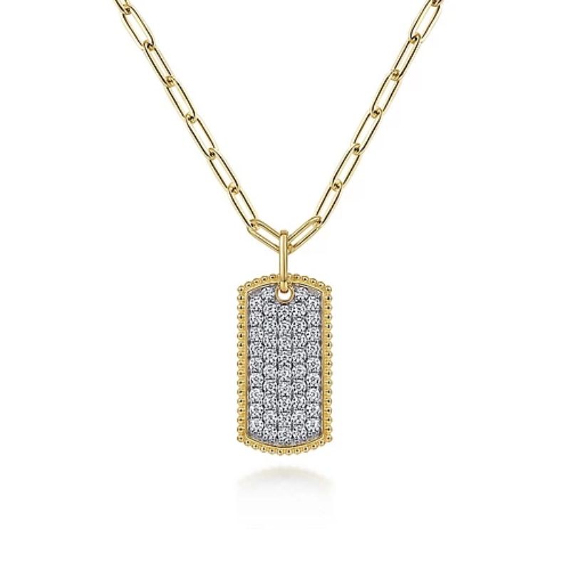 Gabriel & Co 14K Yellow Gold Diamond Pave Dog Tag Necklace with 47 Round Diamonds 0.7 Tcw G-H SI2  Length 18